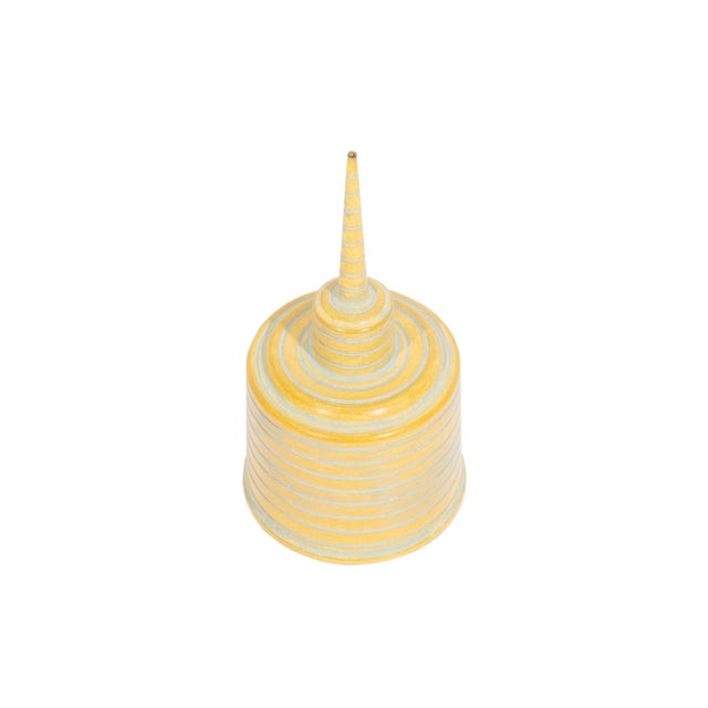 A turned wood oil can sculpture by American artist Chris Bowman. This small, wooden sculpture is carved with stripes, from...
