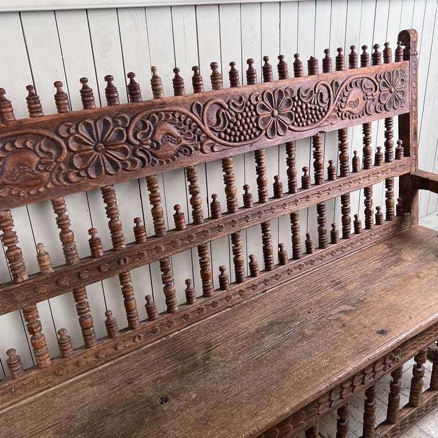 Large Antique Spanish Colonial Carved Hardwood Bench Late 18th / Early 19th Century For Sale - Image 6 of 11