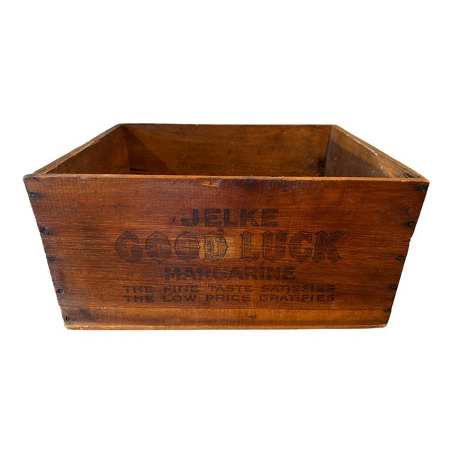 Antique JELKE "Good Luck" Margarine Advertising Wooden Crate – Primitive Country Store Box with Original Illinois Tax...
