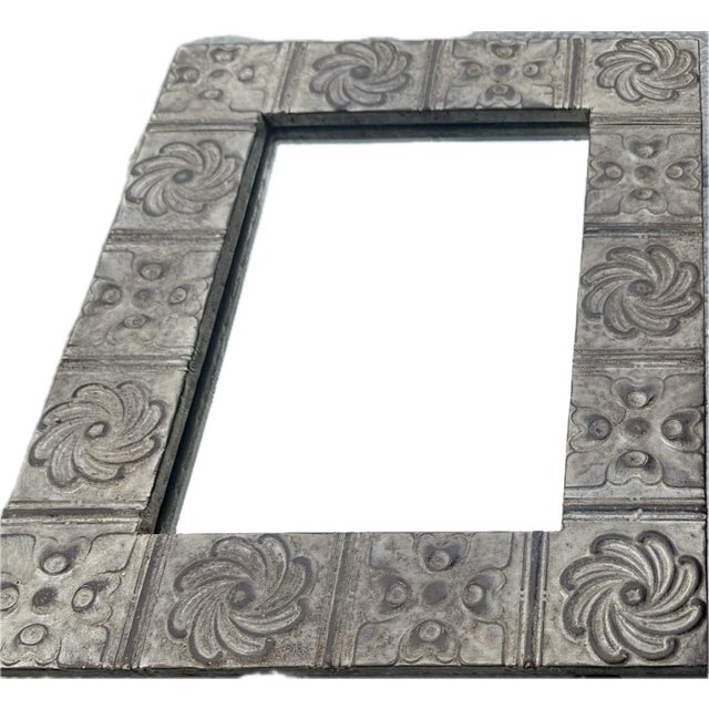 Silver Vintage Handcrafted Embossed Tin Ceiling Tile Wall Mirror/Antique Patina 22.5”x28.25” For Sale - Image 8 of 8