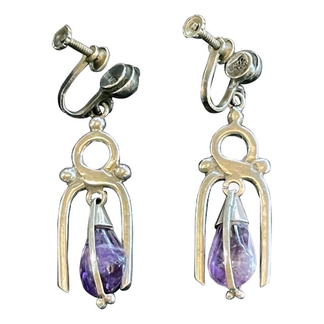 Mexican Modern Silver and Amethyst Earrings Antonio Pineda For Sale
