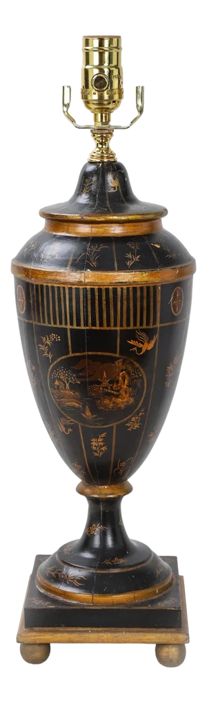 Vintage Black and Gold Trophy Cup Lamp With Chinoiserie Art Painting