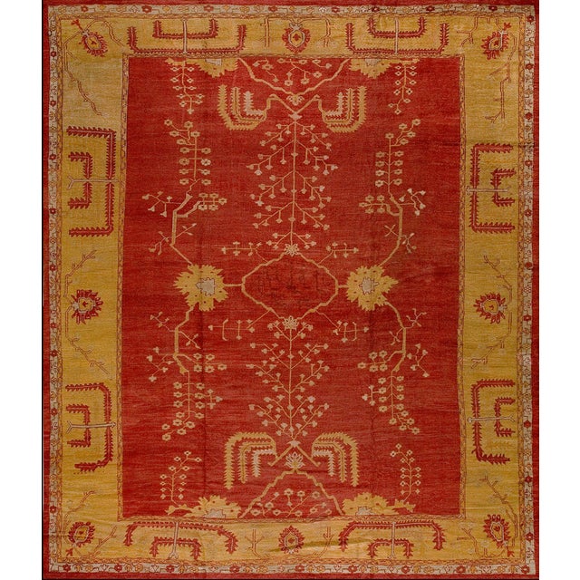 1880s Red Field Tribal Geometric Antique Turkish Oushak Rug 12' 10" X 15' Handknotted Wool Carpet For Sale - Image 14 of 18