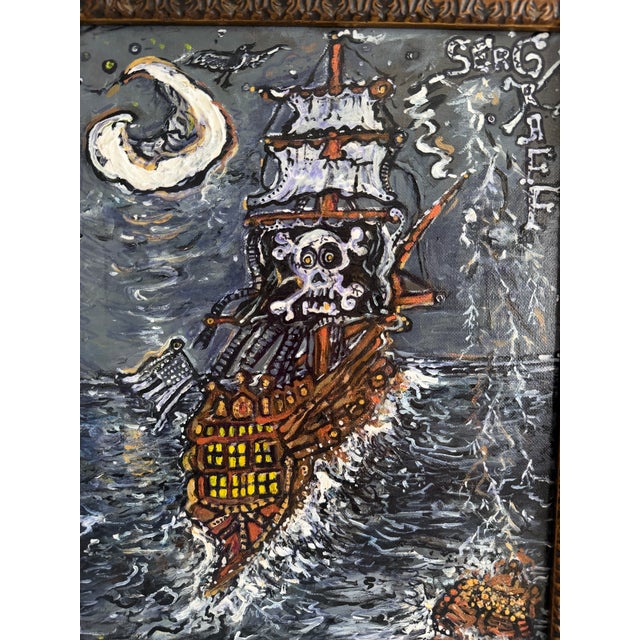 Black Serg Graff "Haunted Pirate Ship" Original Acrylic Painting Fantasy Maritime Art For Sale - Image 8 of 11
