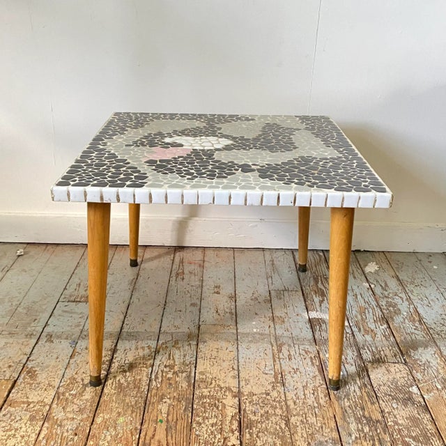 Mid Century Mosaic Table Petite Square Side Table Indoor Outdoor Furniture Retro Pink Black White Gray Tile A fun little...