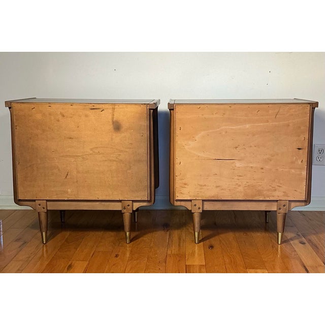 Pair of Mid Century Modern Nightstands Cane Fronts & Brass Hardware, Circa 60s For Sale - Image 4 of 12