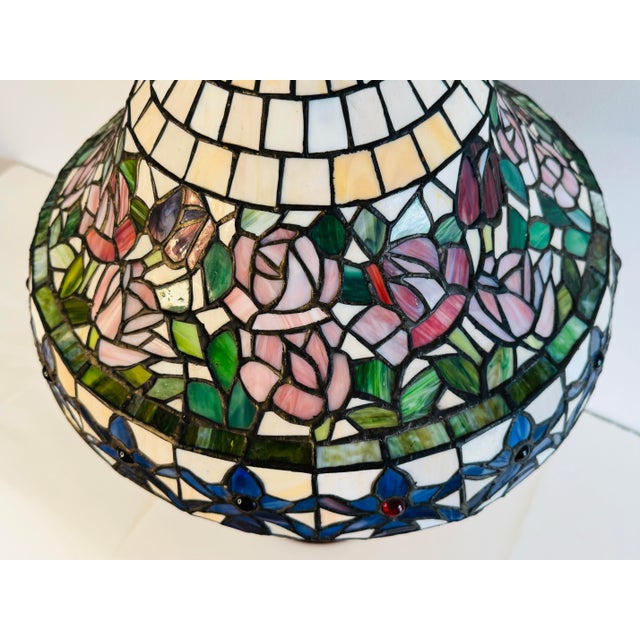 Art Nouveau Vintage Stained Glass Table Lamp With Bronze Base For Sale - Image 3 of 8