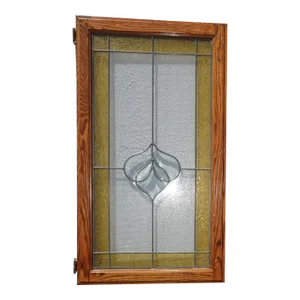 Vintage Stained Glass Door Window With Oak Frame & Clear Floral Center