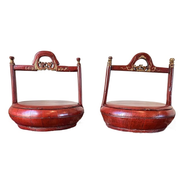 Antique Chinese Cinnabar Red Lacquer Wedding Buckets Gilt Carved - A Pair For Sale