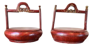 Antique Chinese Cinnabar Red Lacquer Wedding Buckets Gilt Carved - A Pair