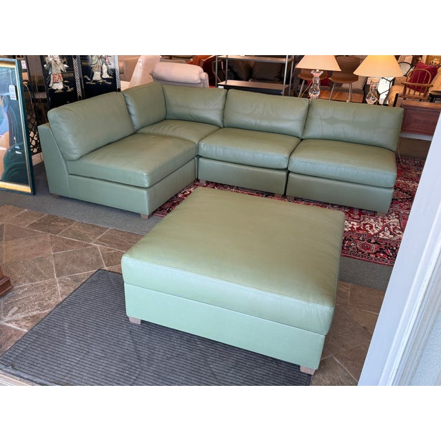 Fitzgerald Modular Teal Leather Sofa With Storage Ottoman, Set For Sale In San Francisco - Image 6 of 17