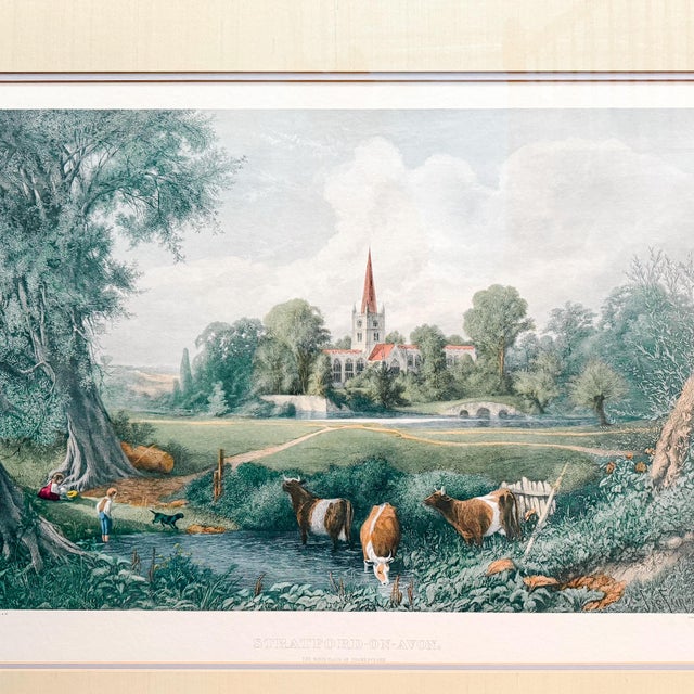 A large-scale, late 19th century lithograph of Stratford-on-Avon capturing the serene beauty of the English countryside....