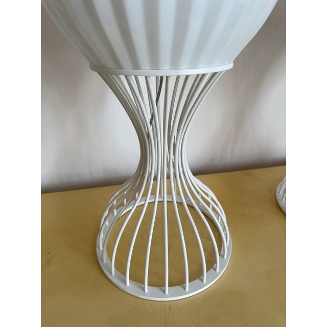 Mid-Century Modern Space age pair of cup table desk or bedside murano glass lamps and white lacquered metal by the italian...