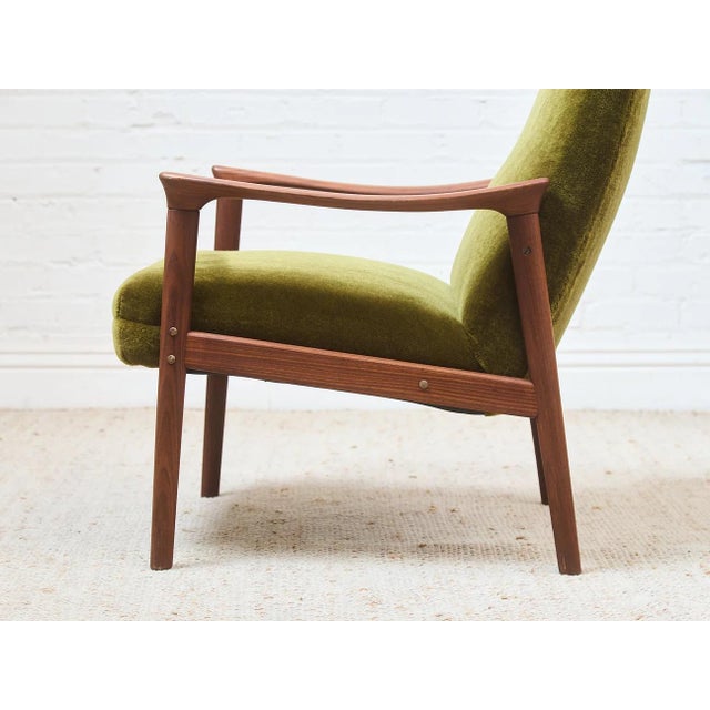 Mid 20th Century Styled After Solid Teak Westnofa Norway Olive Green Mohair Lounge Chair For Sale - Image 9 of 9
