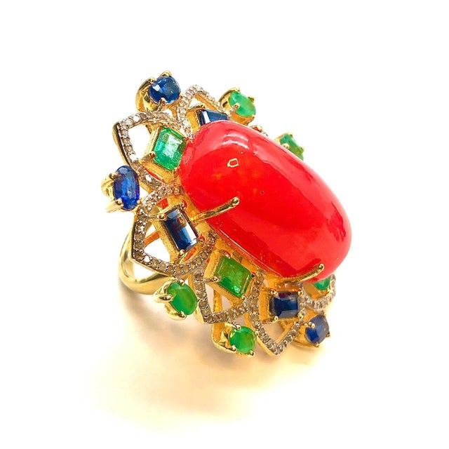 Late 20th Century Bochic “Orient” Vintage Orange Opal, Emerald, Kyanite & Diamond Ring Set In 18K For Sale - Image 5 of 7