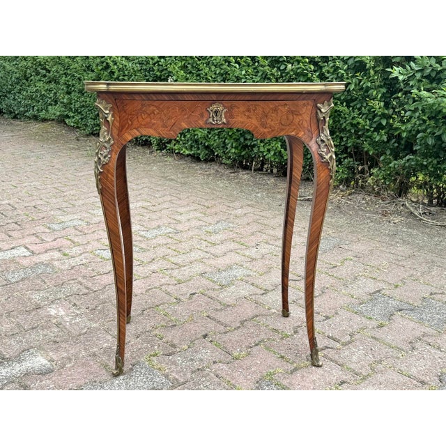 1860 French Artisan Louis XV Brown Marquetry Center Table-1 Pc For Sale - Image 10 of 17