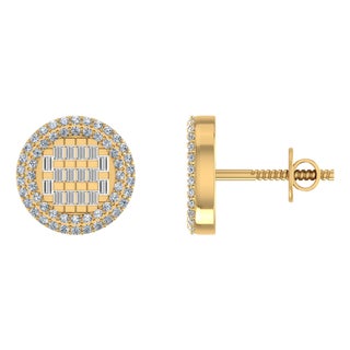 10K Yellow Gold Round Baguette Diamond Halo Designer Earring 5/8 Cttw, A Pair For Sale
