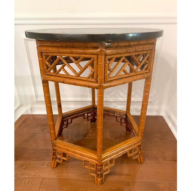 Black Lacquered Chinoiserie Fretwork Rattan Table For Sale - Image 4 of 10