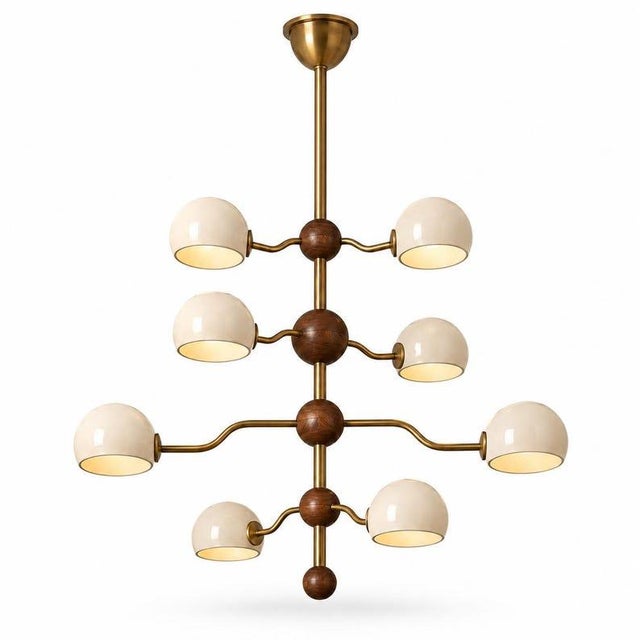 8 Light Brass Dome Chandelier, Mid Century Tiered Pendant Light, Cream Shade Ceiling Fixture, Sculptural Dining Room Lighting For Sale - Image 9 of 9
