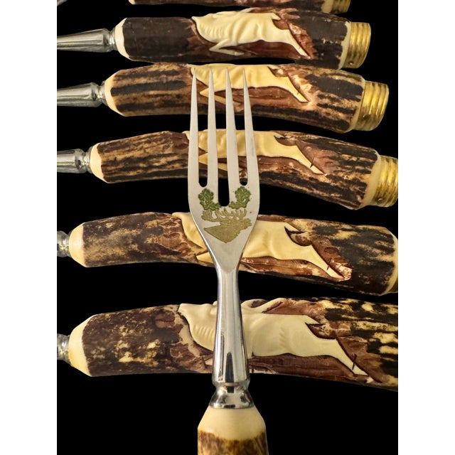 Vintage Anton Wingen Jr. Solingen “Othello” Stag Antler Knife & Fork Set Service for Eight - 16 pcs For Sale In Charleston - Image 6 of 18
