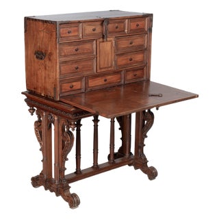 19th Century Spanish Vargueno Desk, Hand-Carved Walnut For Sale