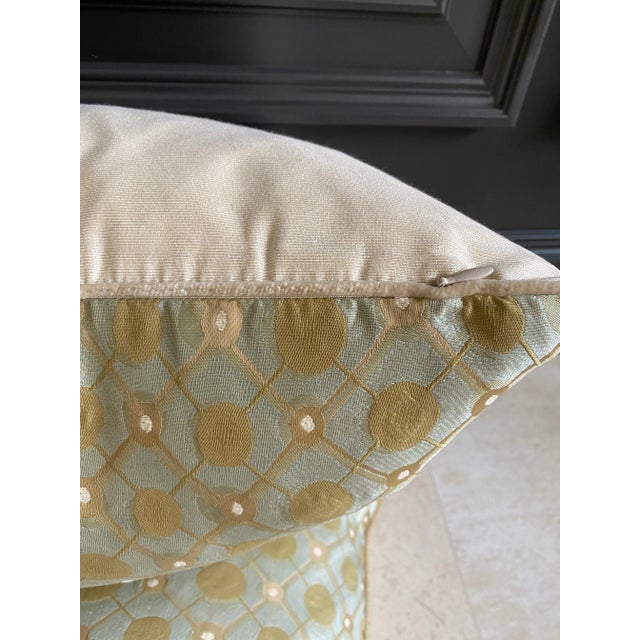 Designer Mid-Century Style Pillows in Olive Green on Ice Blue - A Pair For Sale In Los Angeles - Image 6 of 10