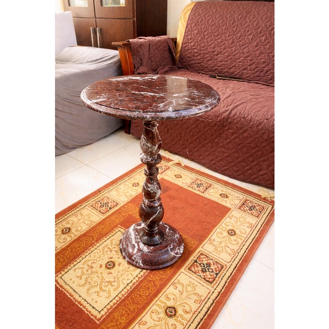 Stone Red Marble Pedestal Side Table | Handcrafted Round Accent Table | Elegant Stone End Table For Sale - Image 7 of 7