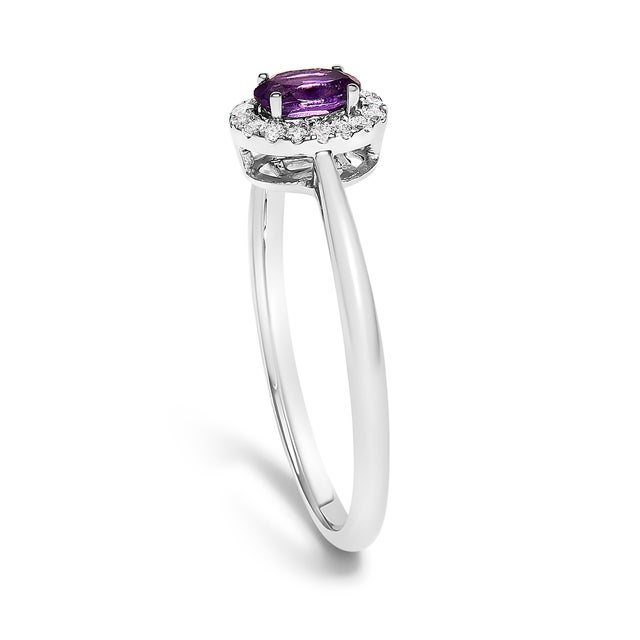 Early 21st Century 10K White Gold 5X3MM Oval Purple Amethyst and Diamond Accent Halo Ring (I-J Color, I1-I2 Clarity) - Ring Size 6 For Sale - Image 5 of 7