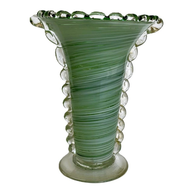 Vintage Murano Green Swirl Hand-Blown Glass Vase With Clear Rigaree Beading, Italy, C. 1980s For Sale