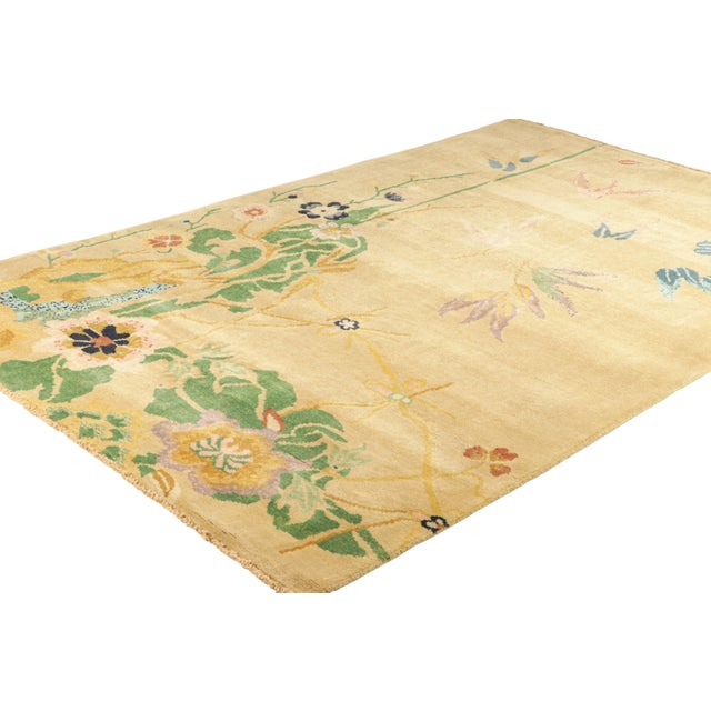Rug & Kilim Rug & Kilim’s Chinese Art Deco Style Rug in Gold With Colorful Floral Patterns For Sale - Image 4 of 8