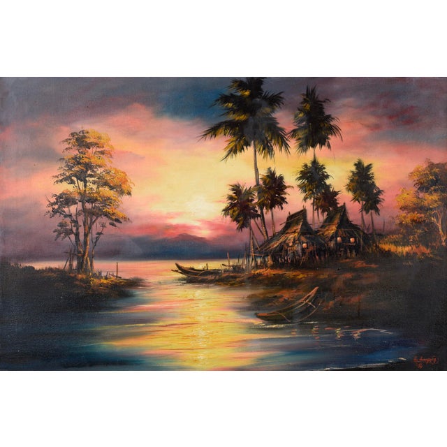 Filipino Fishing Village at Sunset - Tropical Landscape in Oil on Canvas Bold sunset landscape of a fishing village by an...