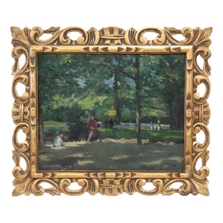 People in the Park, Oil Painting on Board, Early 20th Century, Framed For Sale