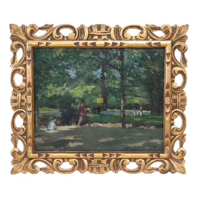 People in the Park, Oil Painting on Board, Early 20th Century, Framed For Sale