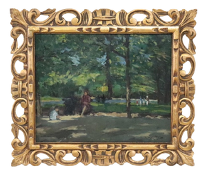 People in the Park, Oil Painting on Board, Early 20th Century, Framed