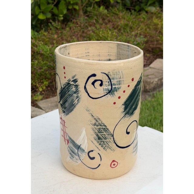 Vintage Postmodern Memphis-Inspired Hand-Painted Studio Pottery Vessel For Sale - Image 4 of 11