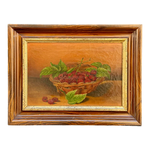 19th-Century American School Raspberry Still Life Oil Painting W/ Original Antique Wood Frame