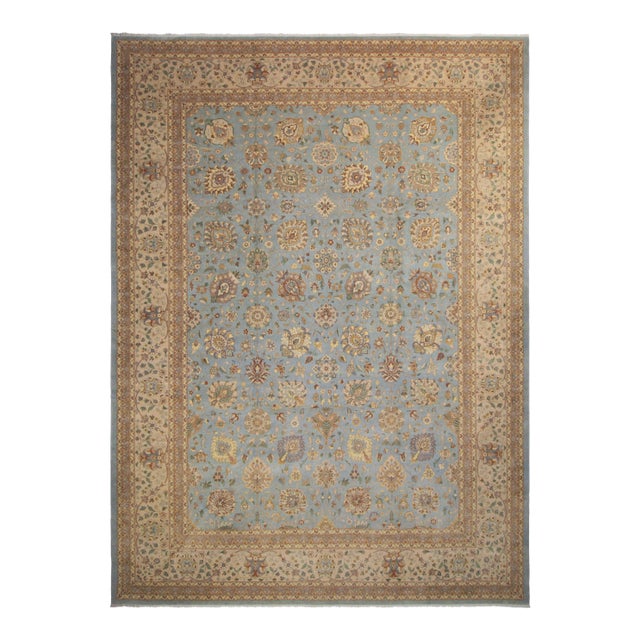 1980s Shabby Chic Istanbul Light Blue & Tan Wool Rug - 10'3 X 14'0 For Sale