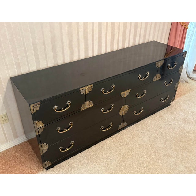 Campaign Chokin Art Collection Black Lacquered/Brass Asian Style Campaign Dresser For Sale - Image 3 of 6