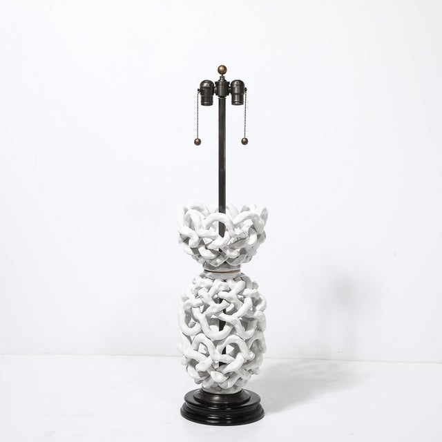 Mid-Century Modern Mid-Century Open Form White Ceramic Table Lamp With Woven Sculptural Motifs For Sale - Image 3 of 12
