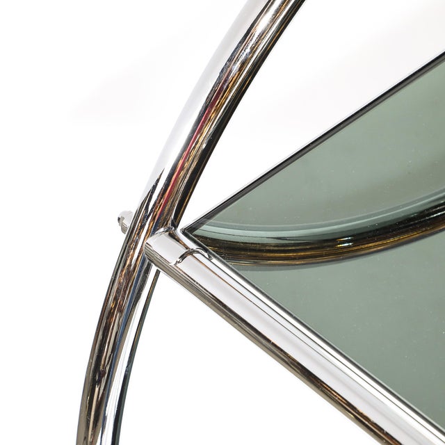 Art Deco Style Round Form Tubular Two-Tier Bar Cart in Chrome and Smoked Mirror For Sale - Image 10 of 13