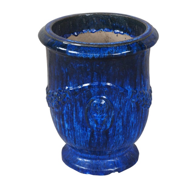 Vintage French Modern Blue Glazed Ceramic Jardinière Urn Planter