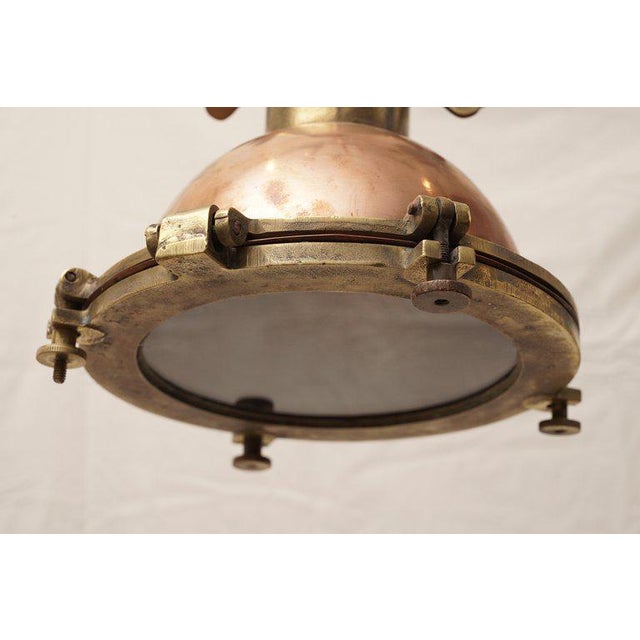 Pair of Copper and Brass Pendant Nautical Lights, Originally Ship's