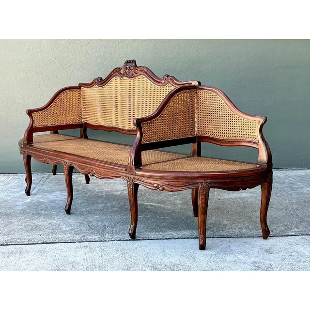 Vintage Carved Wood and Cane Settee For Sale - Image 10 of 12