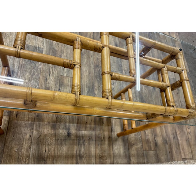 Vintage MCM Coastal Boho Style Sculpted Rattan Bamboo Glass Top Console Table For Sale - Image 9 of 9