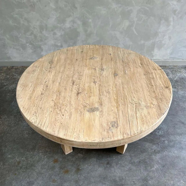 Wood Custom Made Round Elm Wood Dining Table For Sale - Image 7 of 9