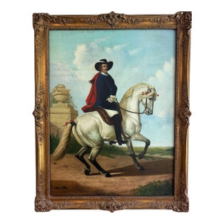Large Antique Signed European Equestrian Portrait Oil Painting Late 19th Century For Sale