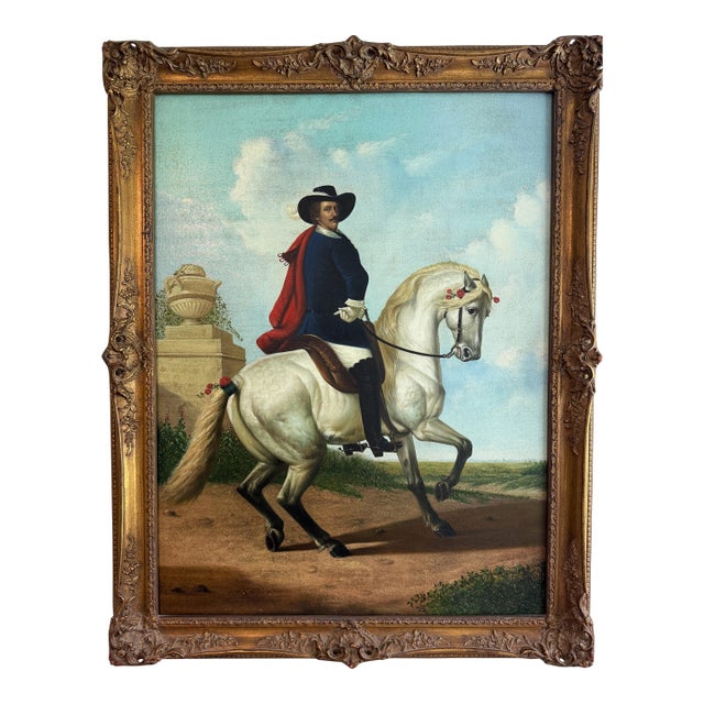 Large Antique Signed European Equestrian Portrait Oil Painting Late 19th Century For Sale