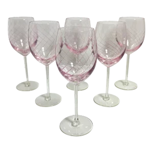 1980s Hand-Blown Stephen Smyers Signed Pink Wine Glasses- Set of 6