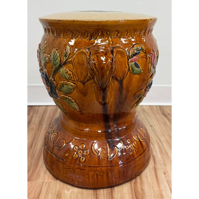 Ceramic Vintage Majolica Style Floral Elephant Garden Stool For Sale - Image 7 of 12