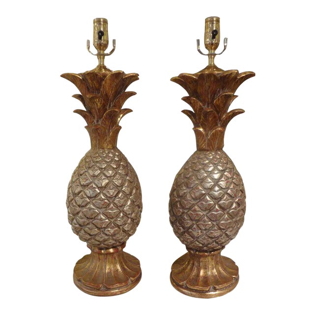 1960s Vintage Italian Gilt Terra Cotta Pineapple Lamps - a Pair For Sale